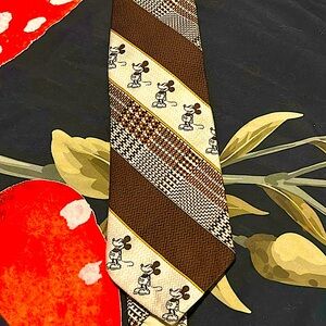Vintage Disney Mickey Mouse Tie by Cervantes Diagonal Stripes Plaid Brown 1970’s